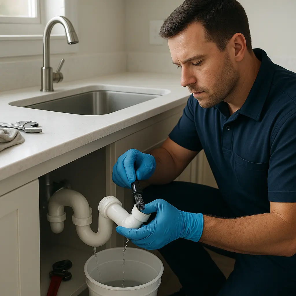 Reinigung eines Küchenablaufs mit professionellen Werkzeugen